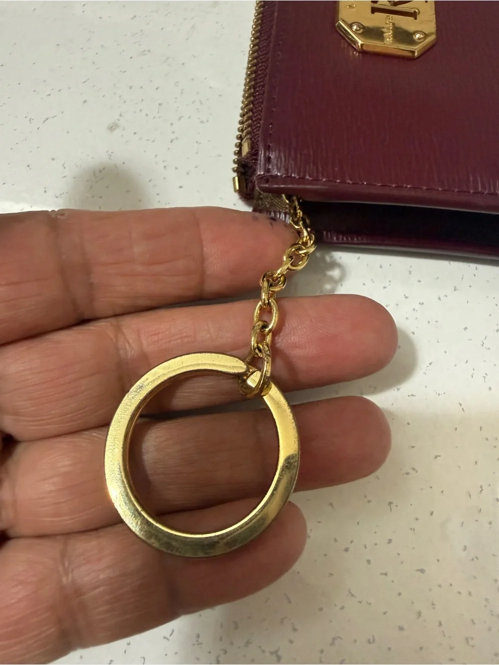 Ralph Lauren Deep Burgundy Leather Key & Card Holder with Gold RL Plaque